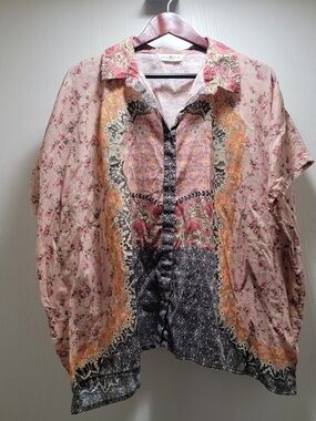 NATURAL LIFE Pink Floral Patchwork Oversized Button-Up Blouse